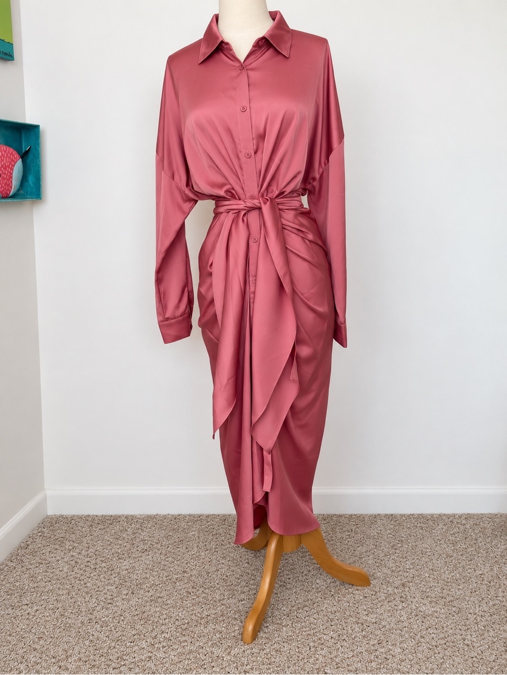 DO+BE Rose Pink Satin Button-Front Shirt Dress with Tie Waist